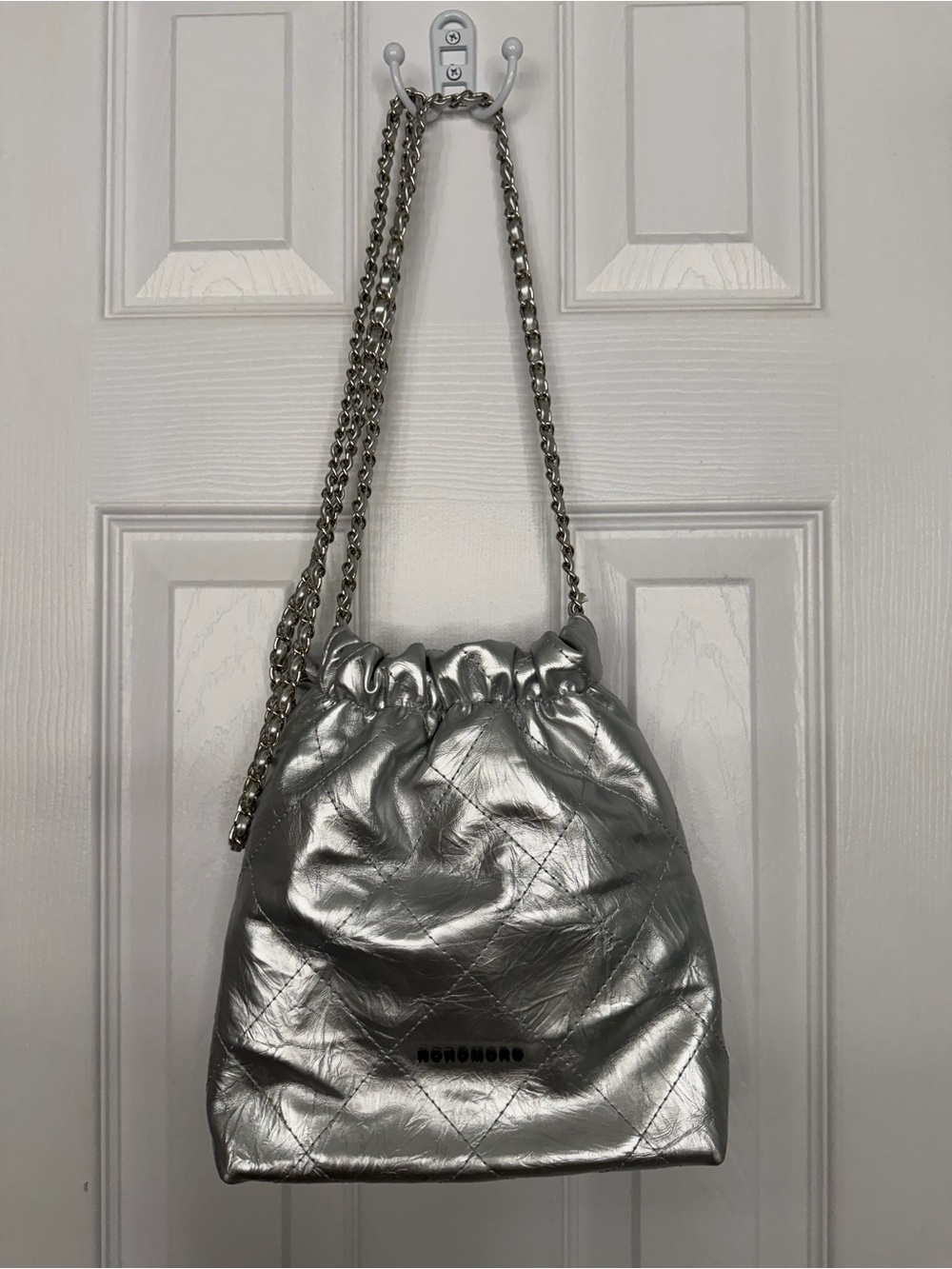 Silver Quilted Drawstring Shoulder Bag
